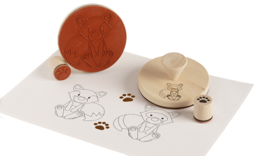 Holzstempel "Fuchs & Waschbär mit Fährte", 4tlg.