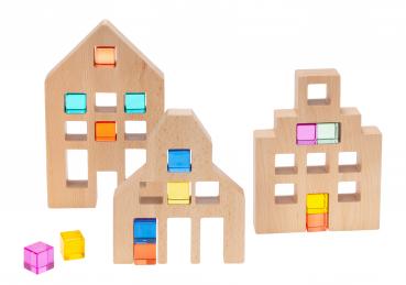Wooden houses for acrylcubes, Set of 3